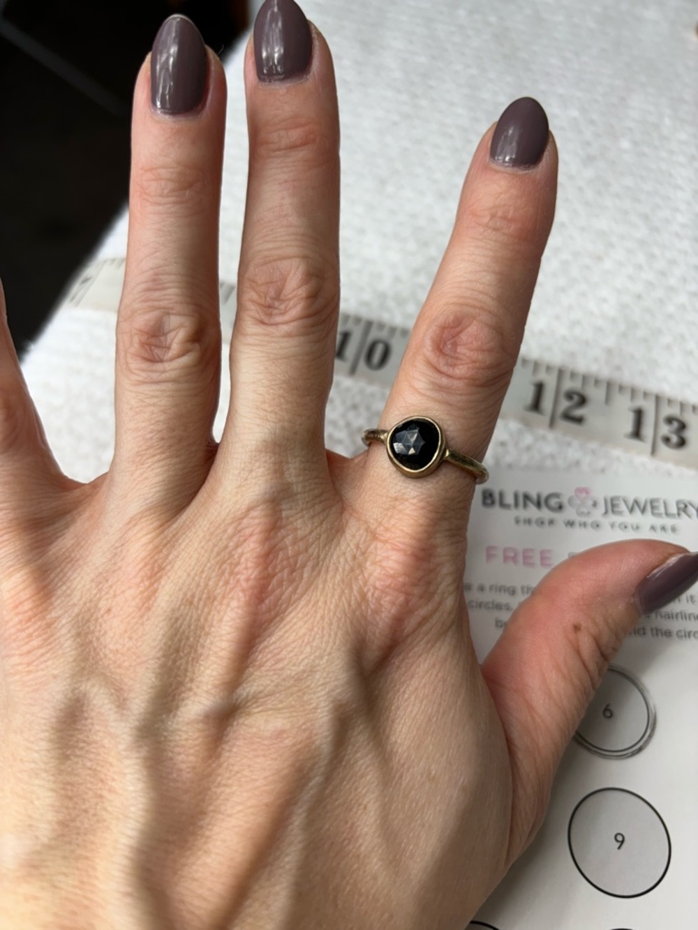 Burnished Gold Cocktail Ring with Black Stone Size 9